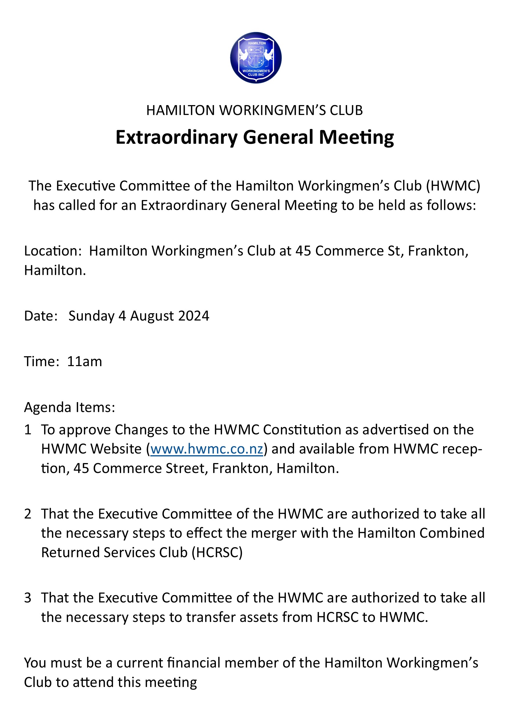 Noticeboard Copy of Extraordinary Meeting Merge with Hamilton Combined Returned Services